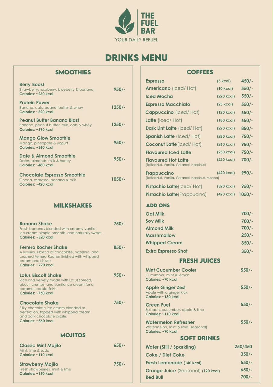 The Fuel Bar Café — Drinks Menu